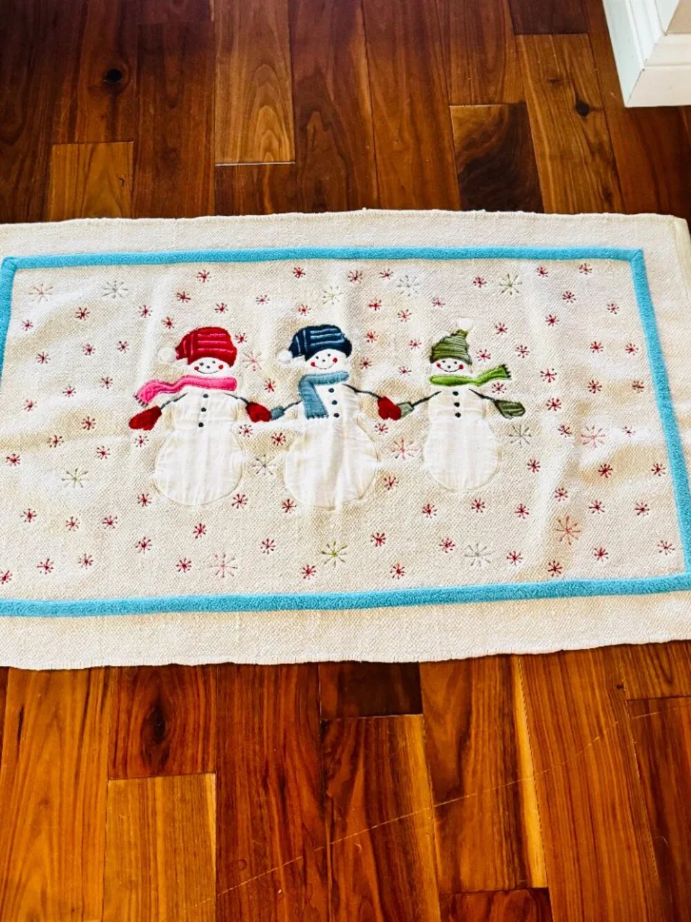 Christmas Bath Mat Embroidery Snowman Cotton Holiday Decor Wish for Joy India